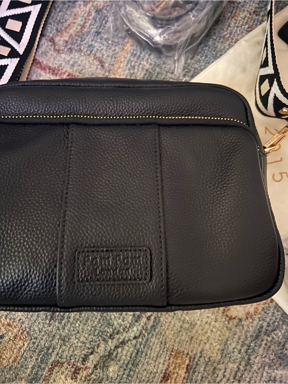 Pom Pom London Black Leather Double-Zip Crossbody Bag with Patterned Strap - Picture 3 of 7